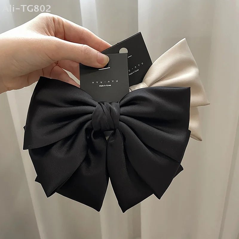 Elegant Bow Ribbon Hair Clip Fashion Simple Solid Satin Spring Clip Hair Pin Retro Headband With Clips Girls Hair Accessories - PratSN