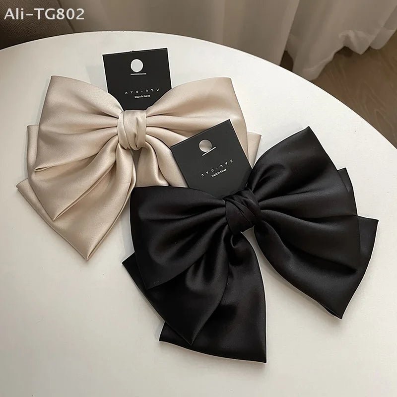 Elegant Bow Ribbon Hair Clip Fashion Simple Solid Satin Spring Clip Hair Pin Retro Headband With Clips Girls Hair Accessories - PratSN