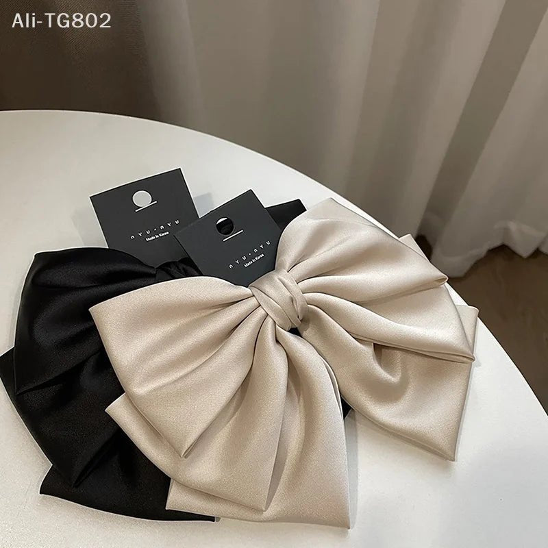 Elegant Bow Ribbon Hair Clip Fashion Simple Solid Satin Spring Clip Hair Pin Retro Headband With Clips Girls Hair Accessories - PratSN