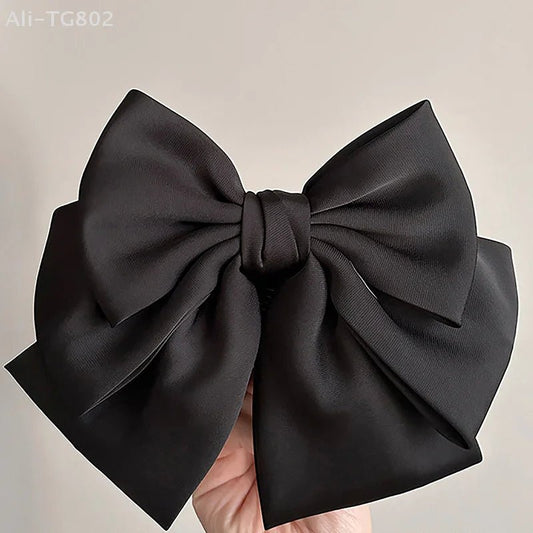 Elegant Bow Ribbon Hair Clip Fashion Simple Solid Satin Spring Clip Hair Pin Retro Headband With Clips Girls Hair Accessories - PratSN