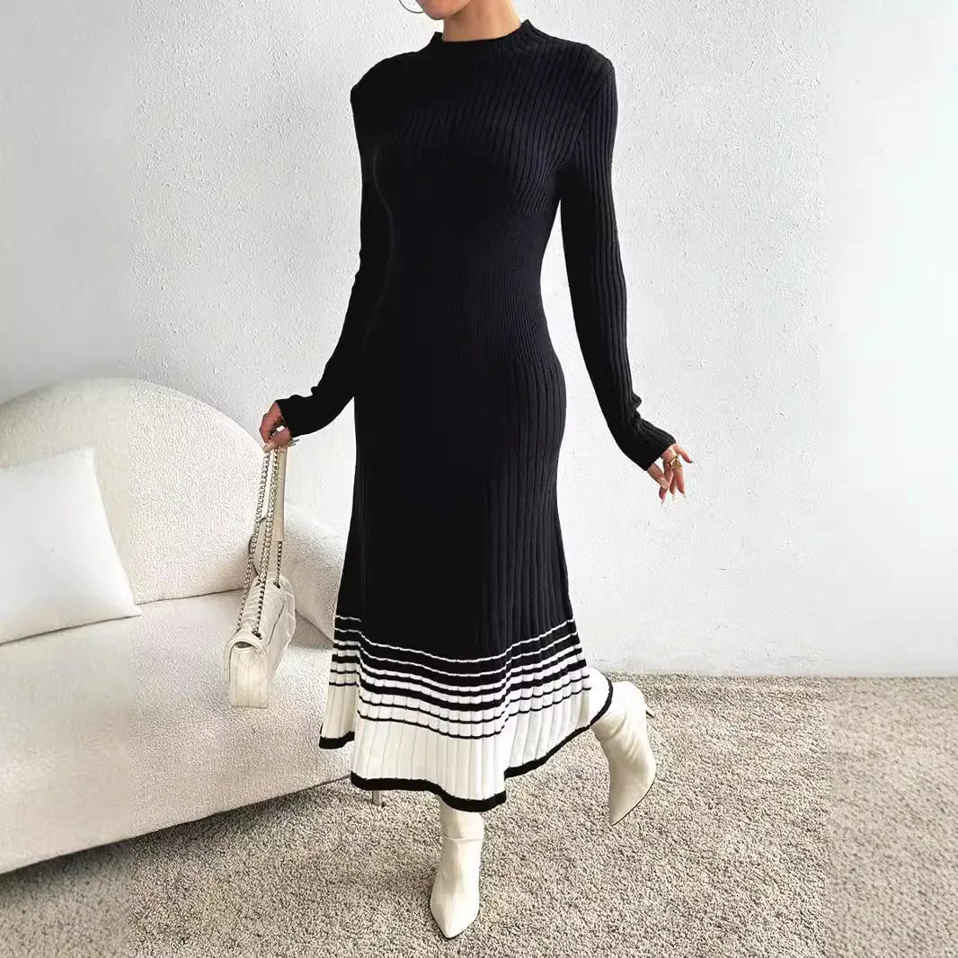 Elegant Contrasting Color Long Sleeve Crew Neck Body Fitting Ribbed Knit Maxi Dress Women - PratSN