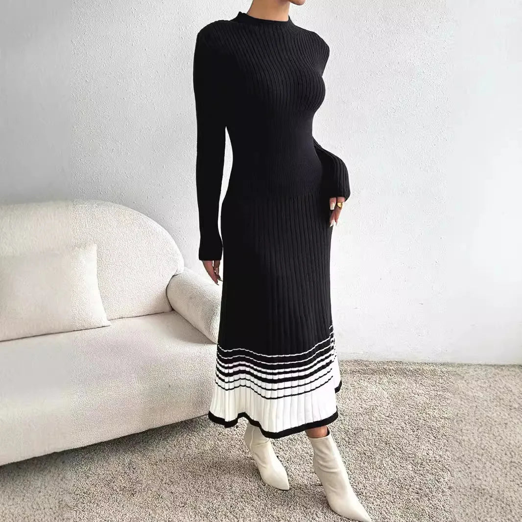 Elegant Contrasting Color Long Sleeve Crew Neck Body Fitting Ribbed Knit Maxi Dress Women - PratSN