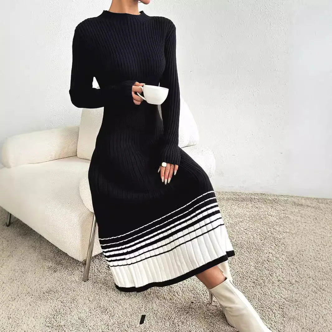 Elegant Contrasting Color Long Sleeve Crew Neck Body Fitting Ribbed Knit Maxi Dress Women - PratSN