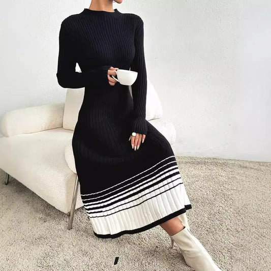 Elegant Contrasting Color Long Sleeve Crew Neck Body Fitting Ribbed Knit Maxi Dress Women - PratSN
