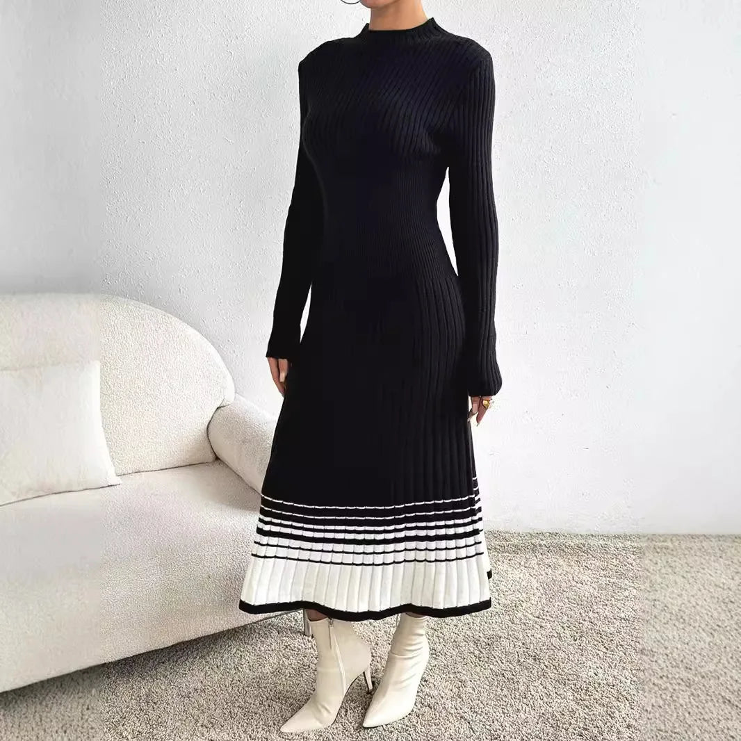 Elegant Contrasting Color Long Sleeve Crew Neck Body Fitting Ribbed Knit Maxi Dress Women - PratSN