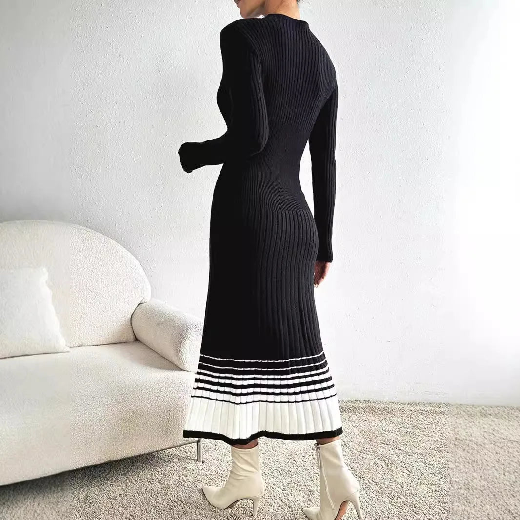 Elegant Contrasting Color Long Sleeve Crew Neck Body Fitting Ribbed Knit Maxi Dress Women - PratSN