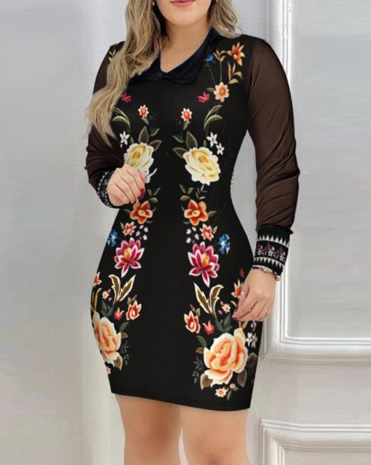 Elegant Dress For Women Fall Mesh Long Sleeve Turn - down Collar Printed Dress - PratSN