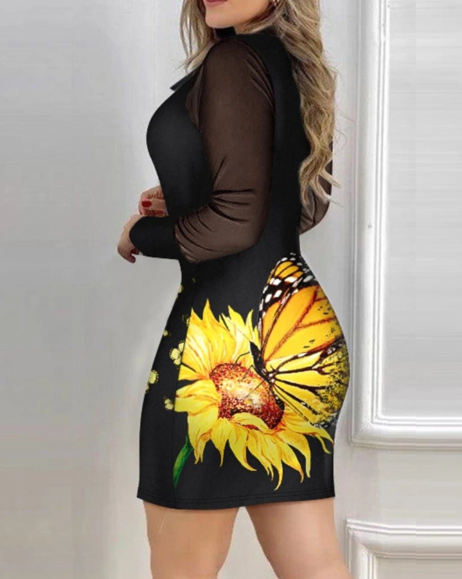 Elegant Dress For Women Fall Mesh Long Sleeve Turn - down Collar Printed Dress - PratSN