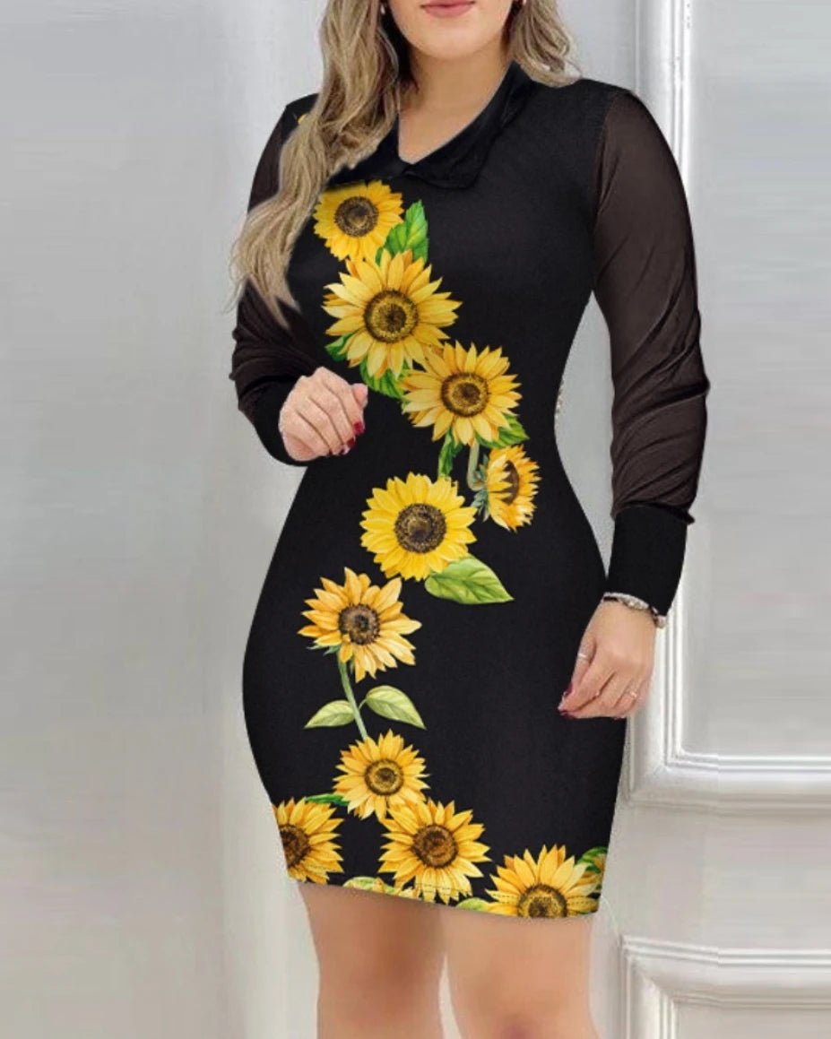 Elegant Dress For Women Fall Mesh Long Sleeve Turn - down Collar Printed Dress - PratSN