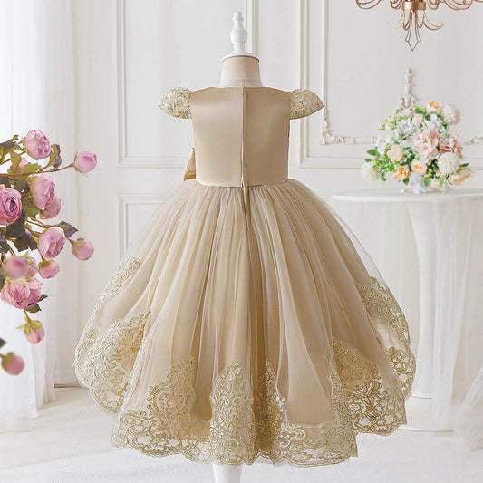 Elegant Embroidery Bow Bridesmaid Party Girls Dress Trailing Flower Wedding Birthday Princess Dresses Girl Evening - PratSN