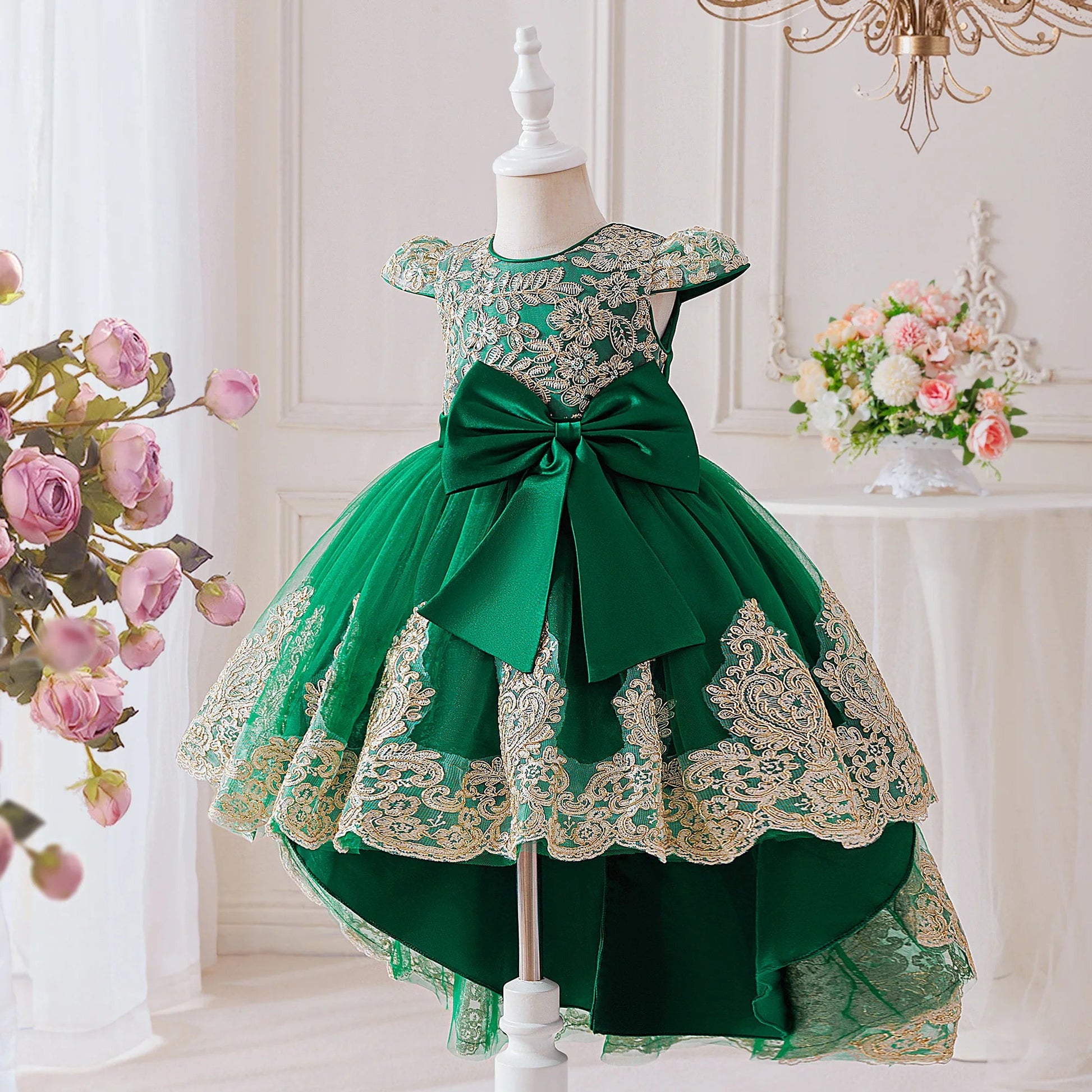 Elegant Embroidery Bow Bridesmaid Party Girls Dress Trailing Flower Wedding Birthday Princess Dresses Girl Evening - PratSN