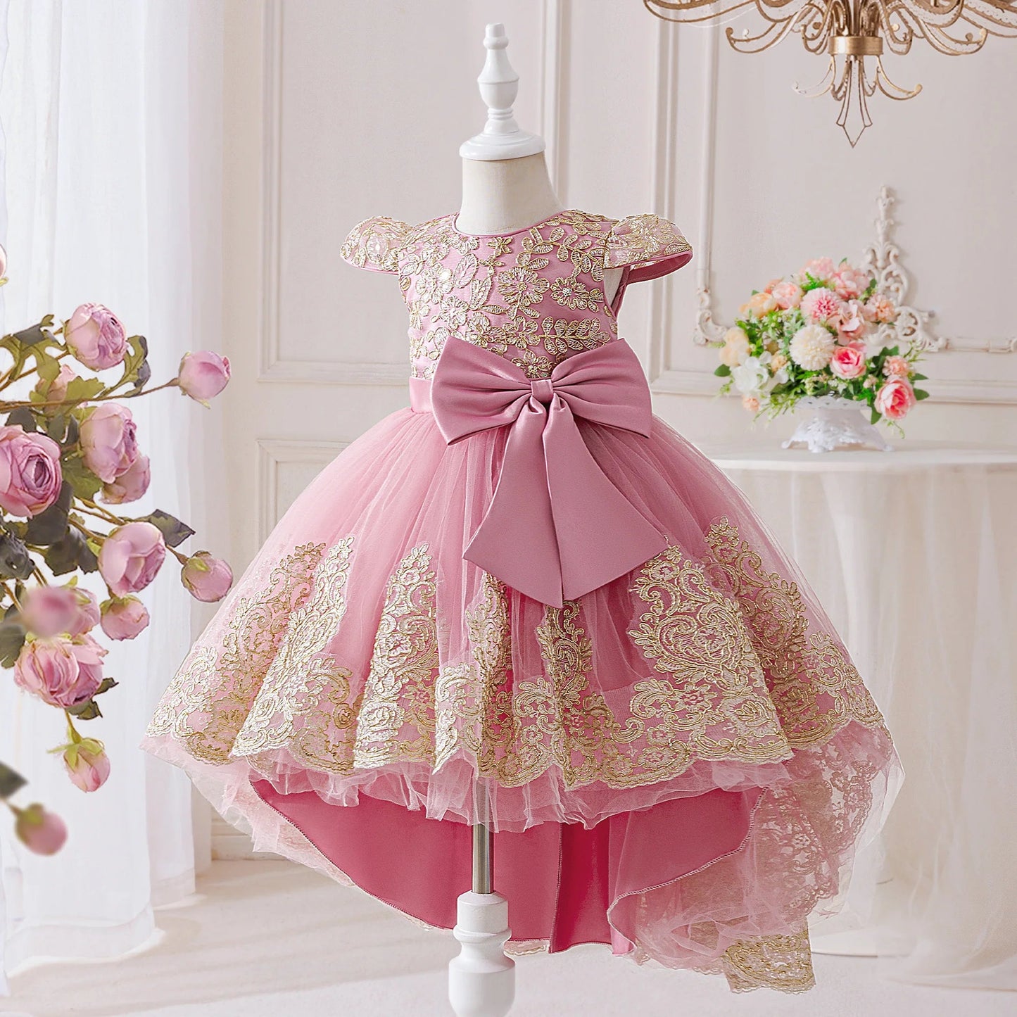 Elegant Embroidery Bow Bridesmaid Party Girls Dress Trailing Flower Wedding Birthday Princess Dresses Girl Evening - PratSN