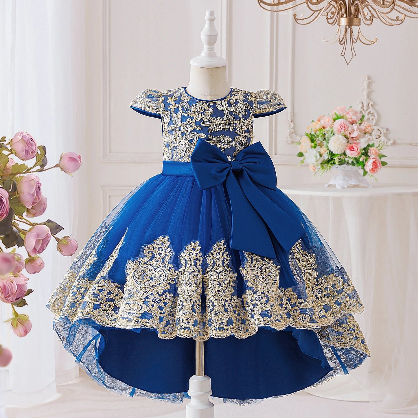 Elegant Embroidery Bow Bridesmaid Party Girls Dress Trailing Flower Wedding Birthday Princess Dresses Girl Evening - PratSN