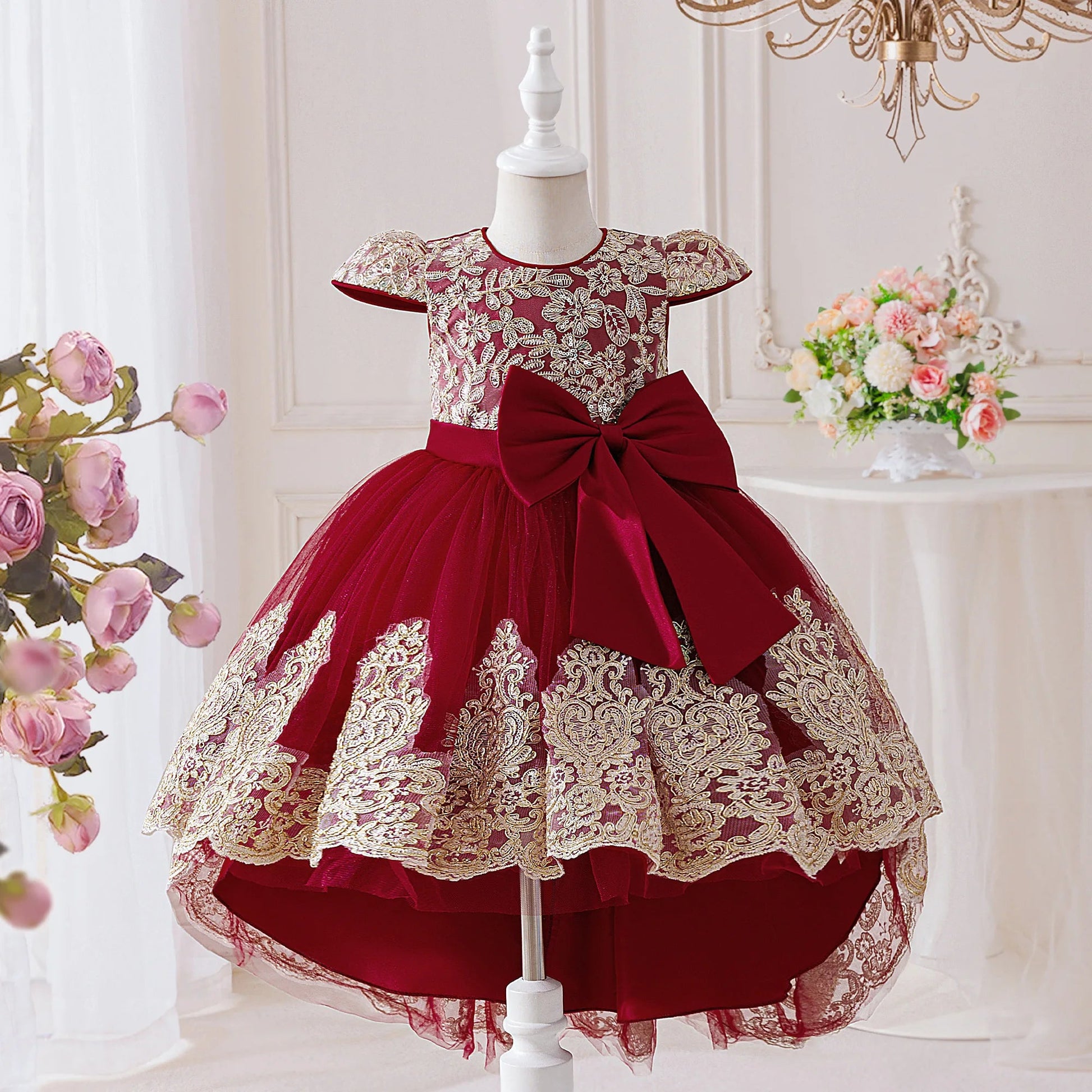 Elegant Embroidery Bow Bridesmaid Party Girls Dress Trailing Flower Wedding Birthday Princess Dresses Girl Evening - PratSN