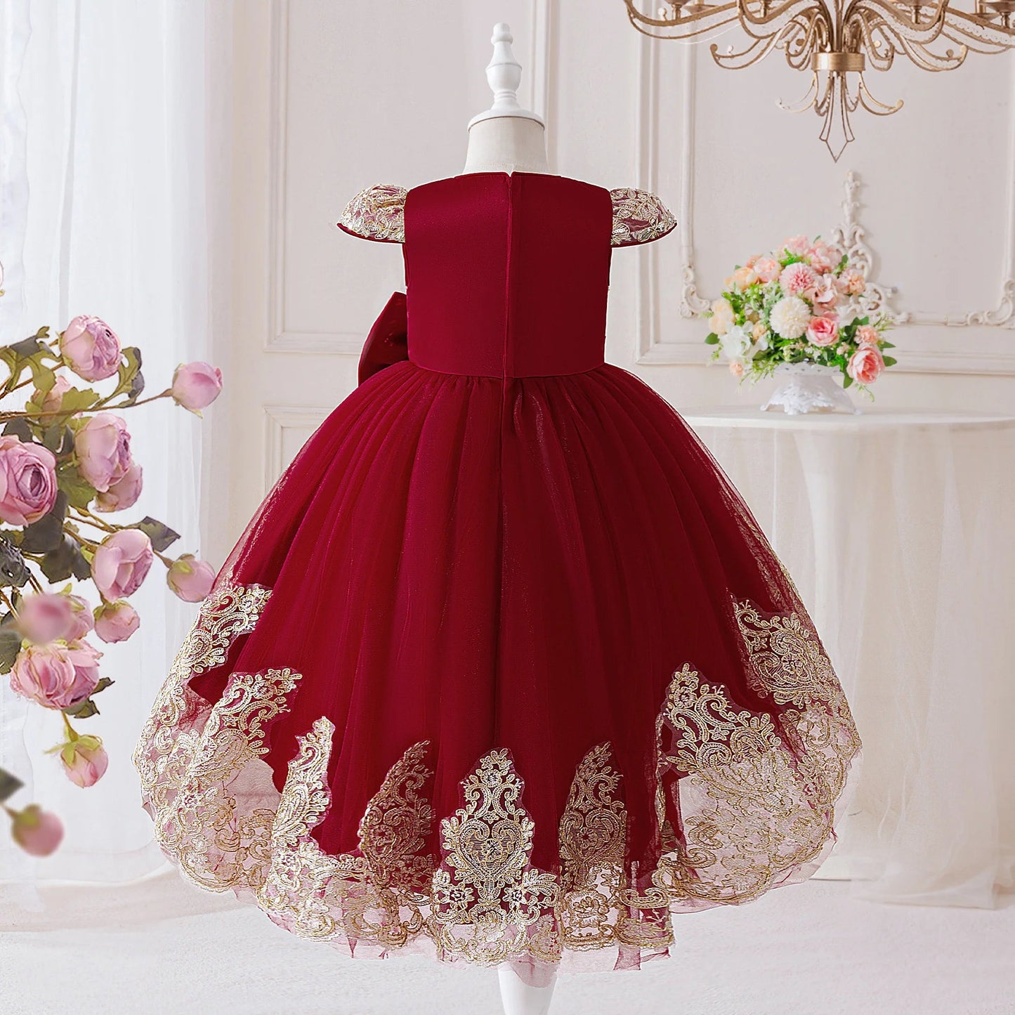 Elegant Embroidery Bow Bridesmaid Party Girls Dress Trailing Flower Wedding Birthday Princess Dresses Girl Evening - PratSN