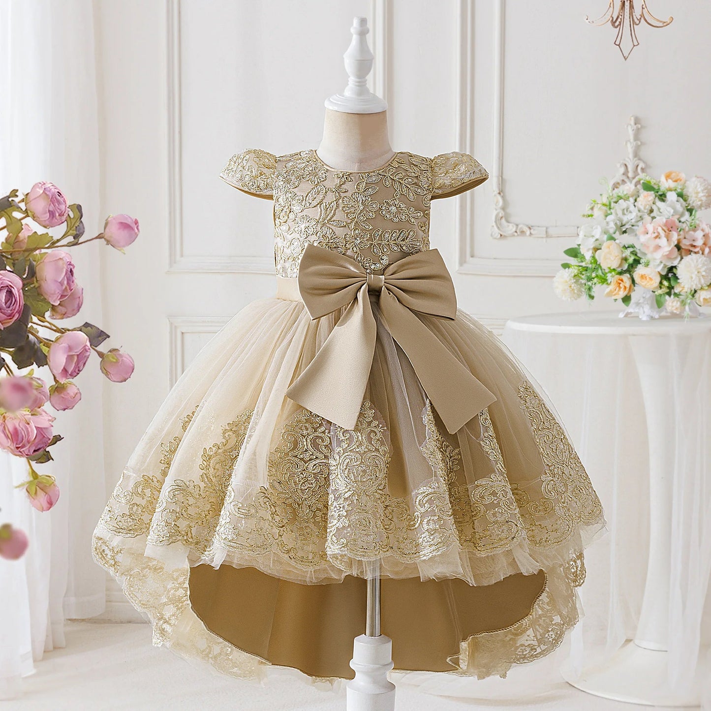 Elegant Embroidery Bow Bridesmaid Party Girls Dress Trailing Flower Wedding Birthday Princess Dresses Girl Evening - PratSN