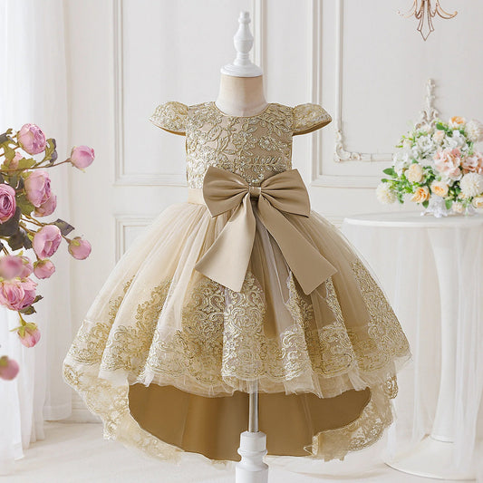 Elegant Embroidery Bow Bridesmaid Party Girls Dress Trailing Flower Wedding Birthday Princess Dresses Girl Evening - PratSN