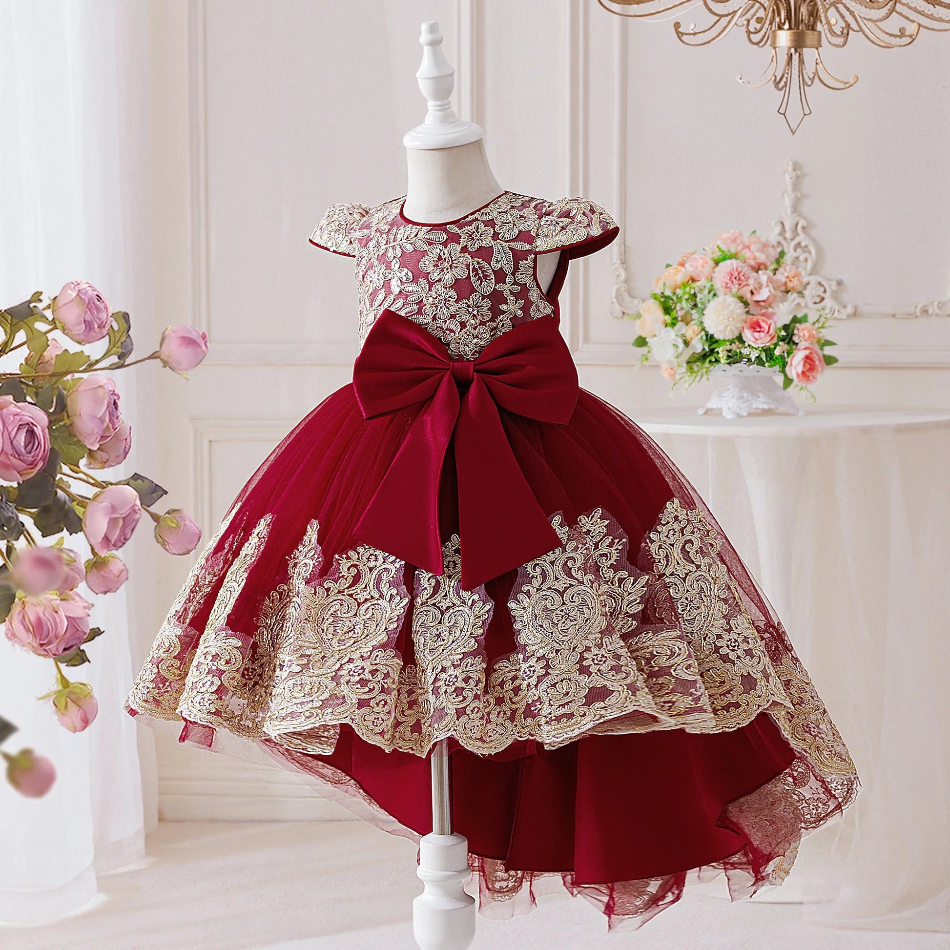 Elegant Embroidery Bow Bridesmaid Party Girls Dress Trailing Flower Wedding Birthday Princess Dresses Girl Evening - PratSN