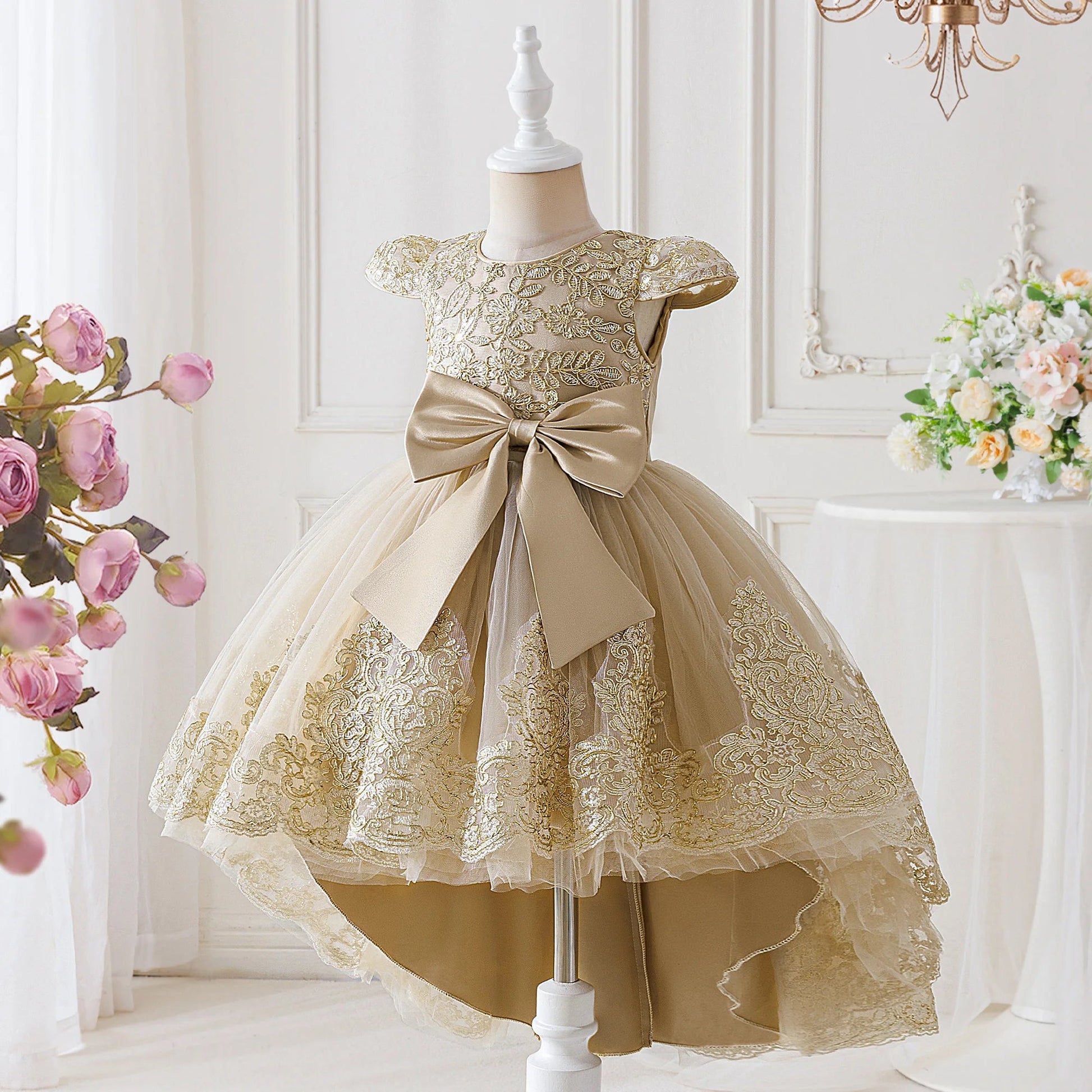 Elegant Embroidery Bow Bridesmaid Party Girls Dress Trailing Flower Wedding Birthday Princess Dresses Girl Evening - PratSN