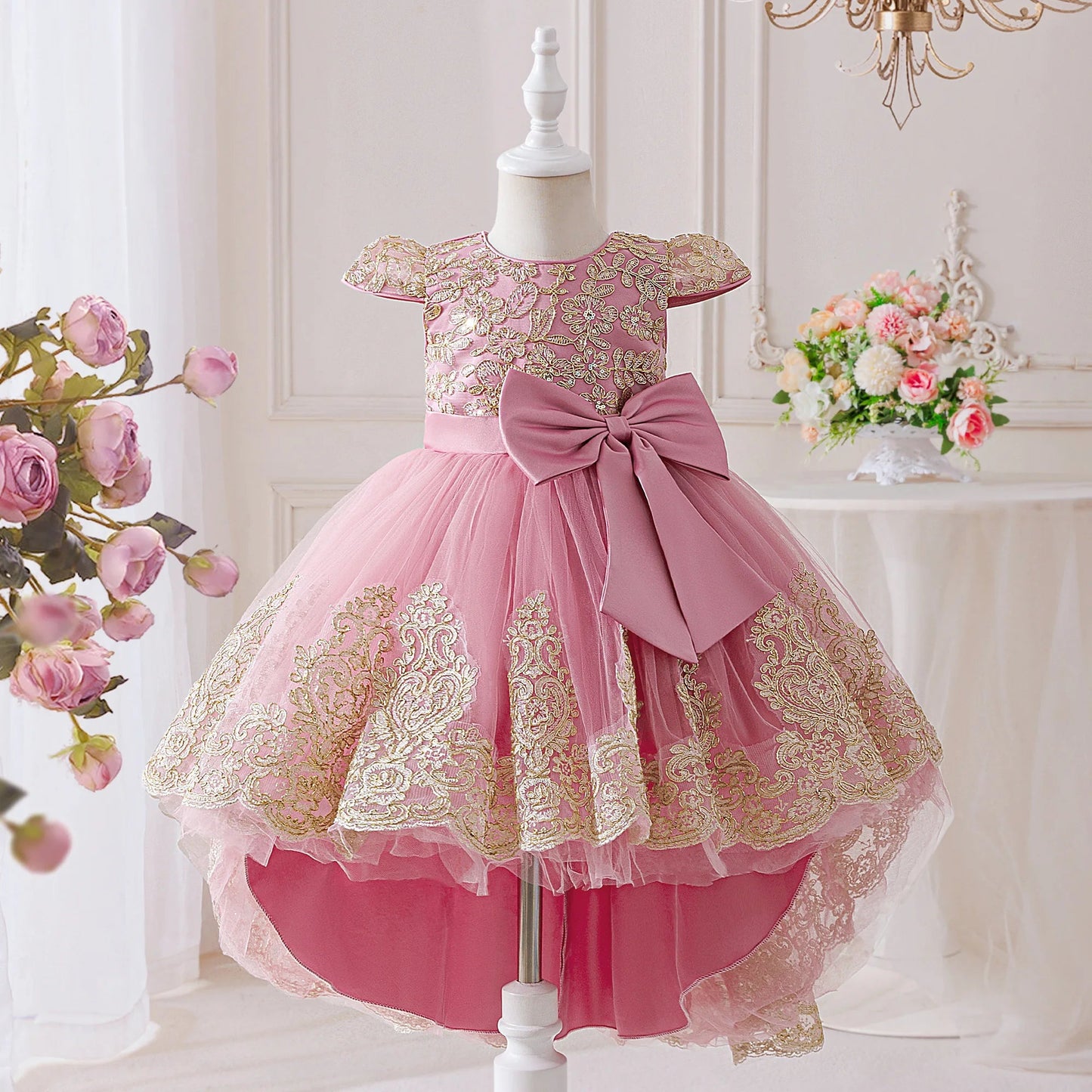 Elegant Embroidery Bow Bridesmaid Party Girls Dress Trailing Flower Wedding Birthday Princess Dresses Girl Evening - PratSN