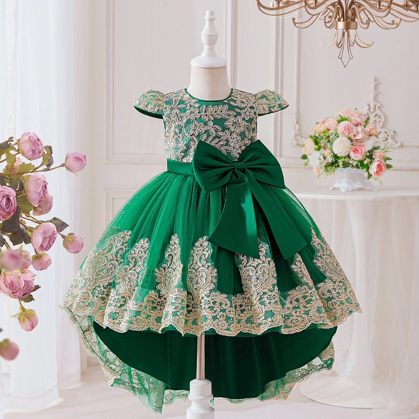 Elegant Embroidery Bow Bridesmaid Party Girls Dress Trailing Flower Wedding Birthday Princess Dresses Girl Evening - PratSN