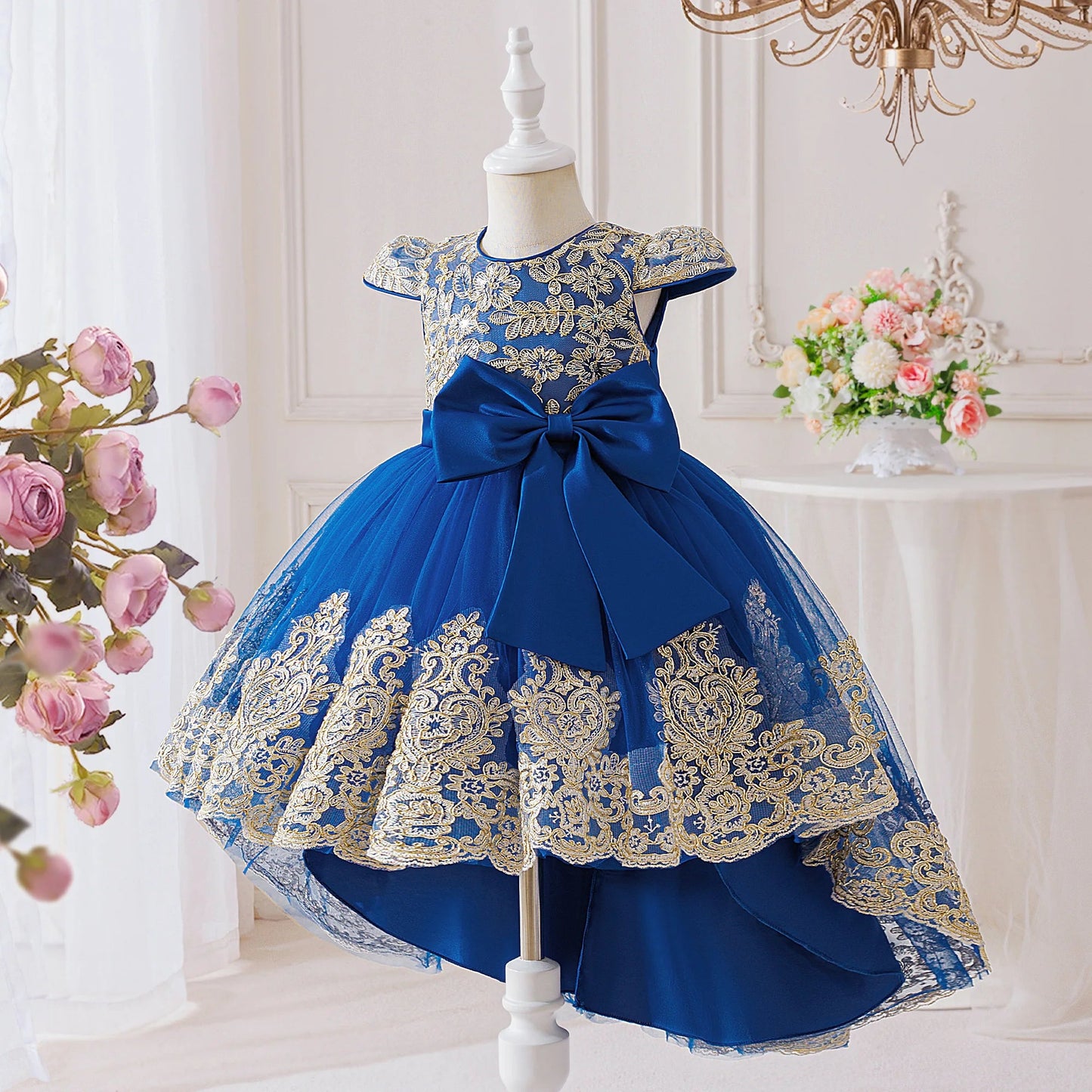 Elegant Embroidery Bow Bridesmaid Party Girls Dress Trailing Flower Wedding Birthday Princess Dresses Girl Evening - PratSN