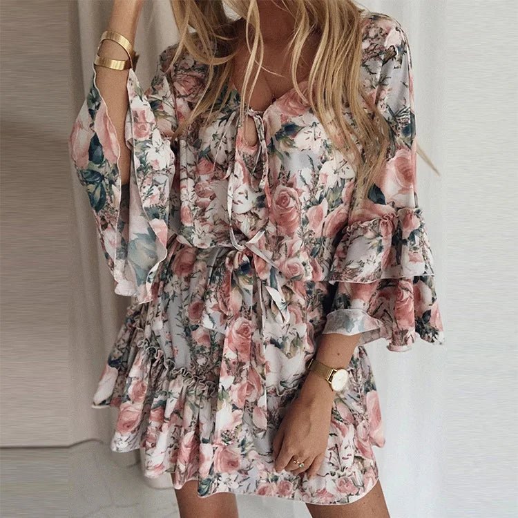 Elegant Floral Print A Line Dress Summer Bohemian V Neck Ruffles Chiffon Dress Women Casual Beach Party Mini Dress Oversized 2XL - PratSN