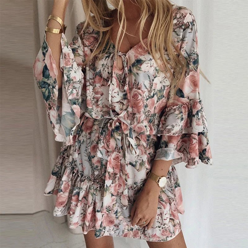 Elegant Floral Print A Line Dress Summer Bohemian V Neck Ruffles Chiffon Dress Women Casual Beach Party Mini Dress Oversized 2XL - PratSN
