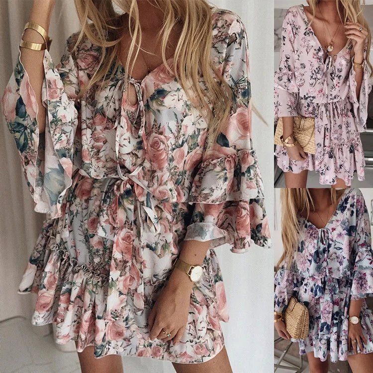 Elegant Floral Print A Line Dress Summer Bohemian V Neck Ruffles Chiffon Dress Women Casual Beach Party Mini Dress Oversized 2XL - PratSN