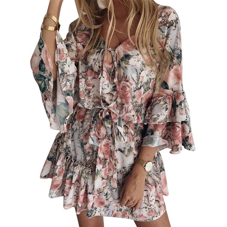 Elegant Floral Print A Line Dress Summer Bohemian V Neck Ruffles Chiffon Dress Women Casual Beach Party Mini Dress Oversized 2XL - PratSN