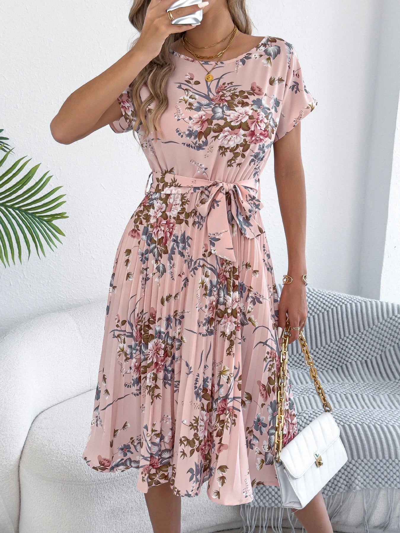 Elegant Floral Print A Line Dress with Belted Pleated Skirt Short Sleeve Women's Casual Dresses - PratSN