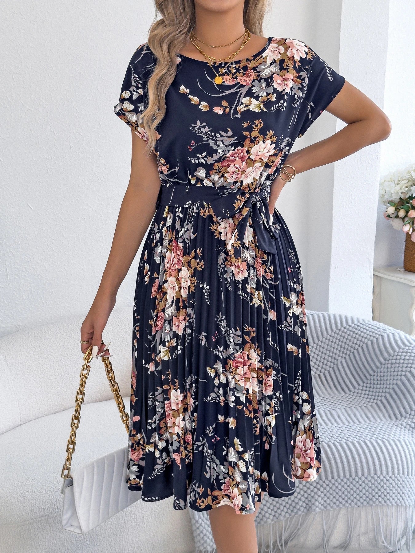 Elegant Floral Print A Line Dress with Belted Pleated Skirt Short Sleeve Women's Casual Dresses - PratSN