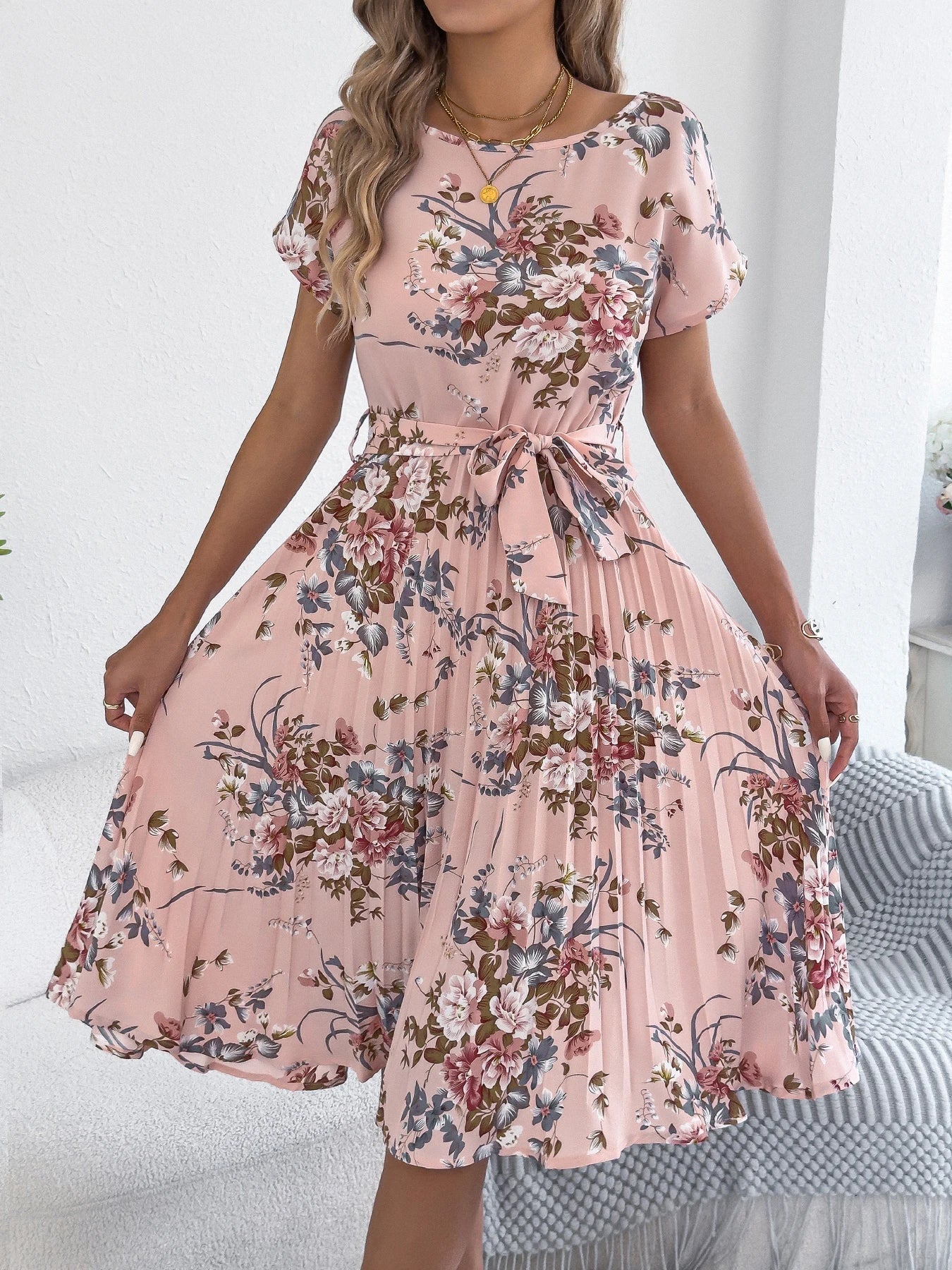 Elegant Floral Print A Line Dress with Belted Pleated Skirt Short Sleeve Women's Casual Dresses - PratSN