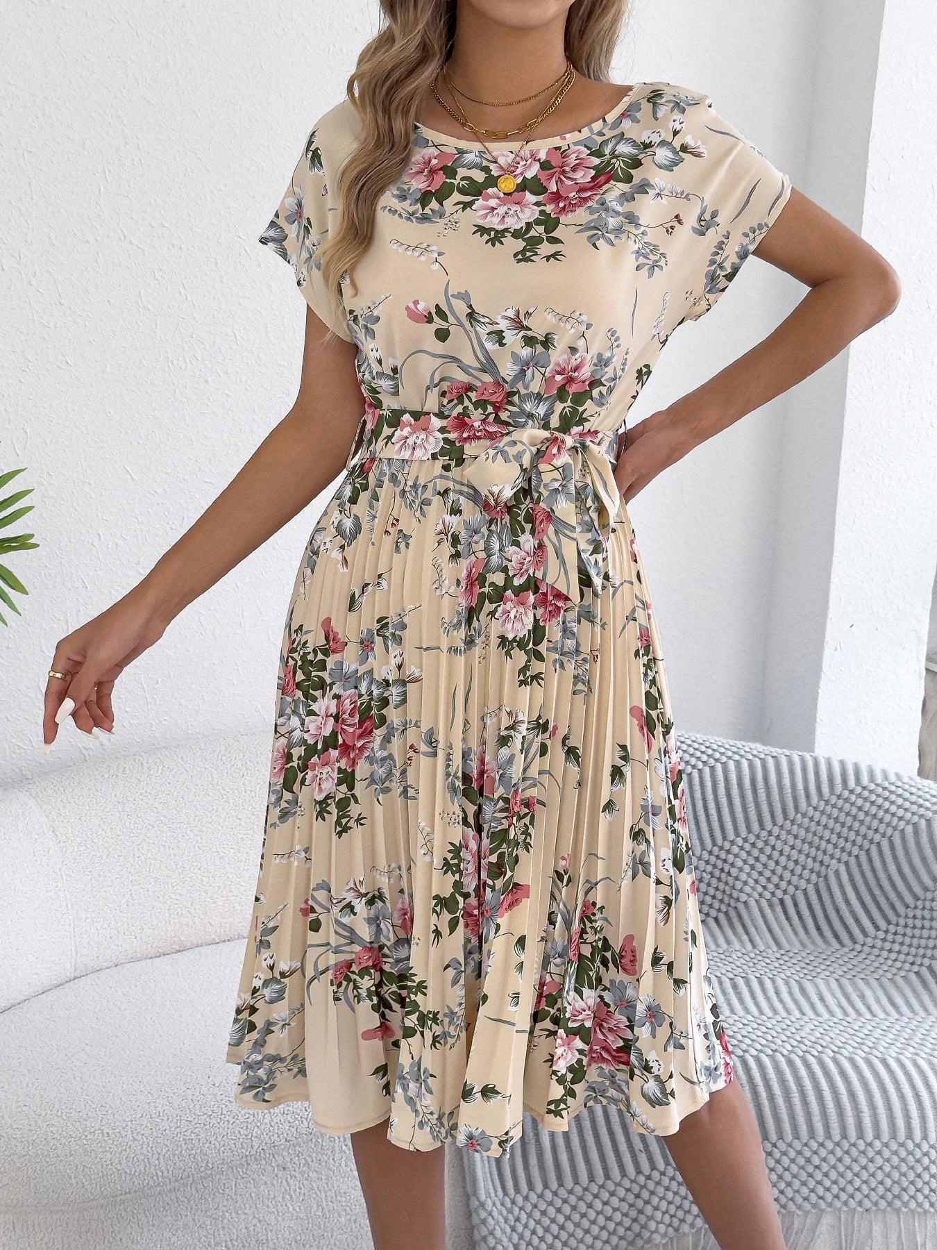 Elegant Floral Print A Line Dress with Belted Pleated Skirt Short Sleeve Women's Casual Dresses - PratSN