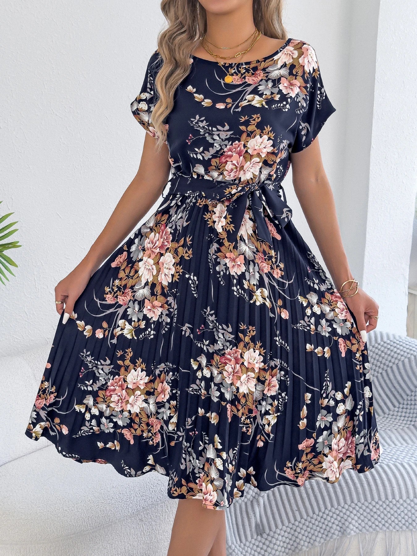 Elegant Floral Print A Line Dress with Belted Pleated Skirt Short Sleeve Women's Casual Dresses - PratSN