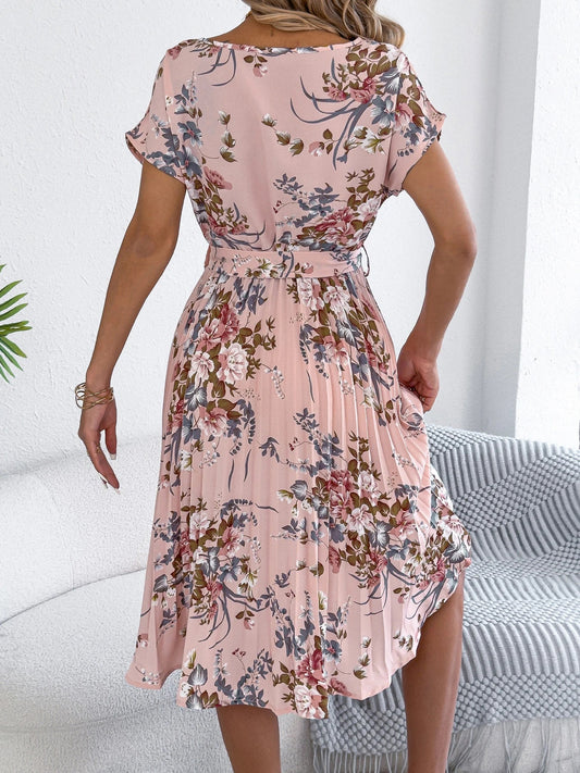 Elegant Floral Print A Line Dress with Belted Pleated Skirt Short Sleeve Women's Casual Dresses - PratSN