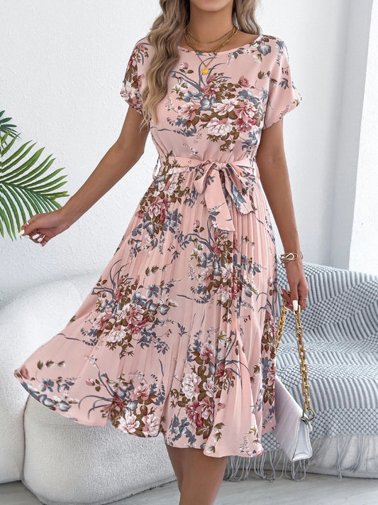Elegant Floral Print A Line Dress with Belted Pleated Skirt Short Sleeve Women's Casual Dresses - PratSN