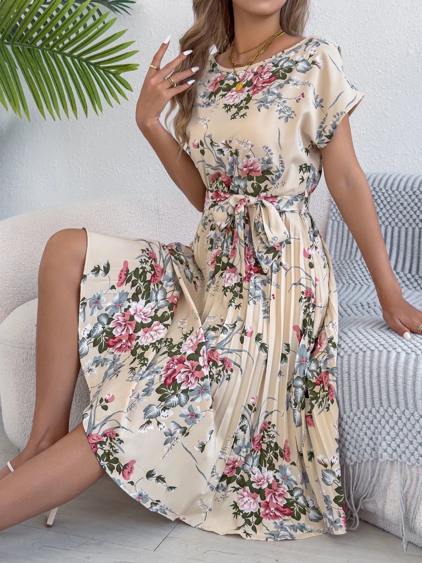 Elegant Floral Print A Line Dress with Belted Pleated Skirt Short Sleeve Women's Casual Dresses - PratSN