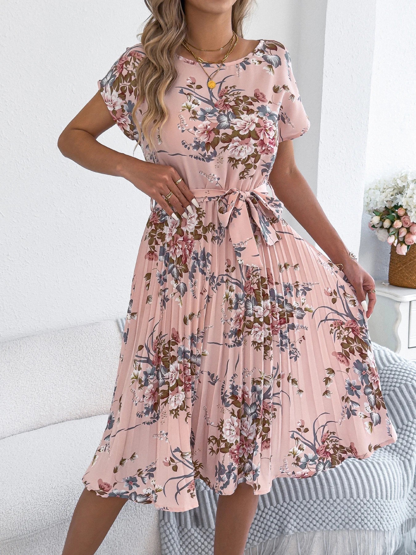 Elegant Floral Print A Line Dress with Belted Pleated Skirt Short Sleeve Women's Casual Dresses - PratSN