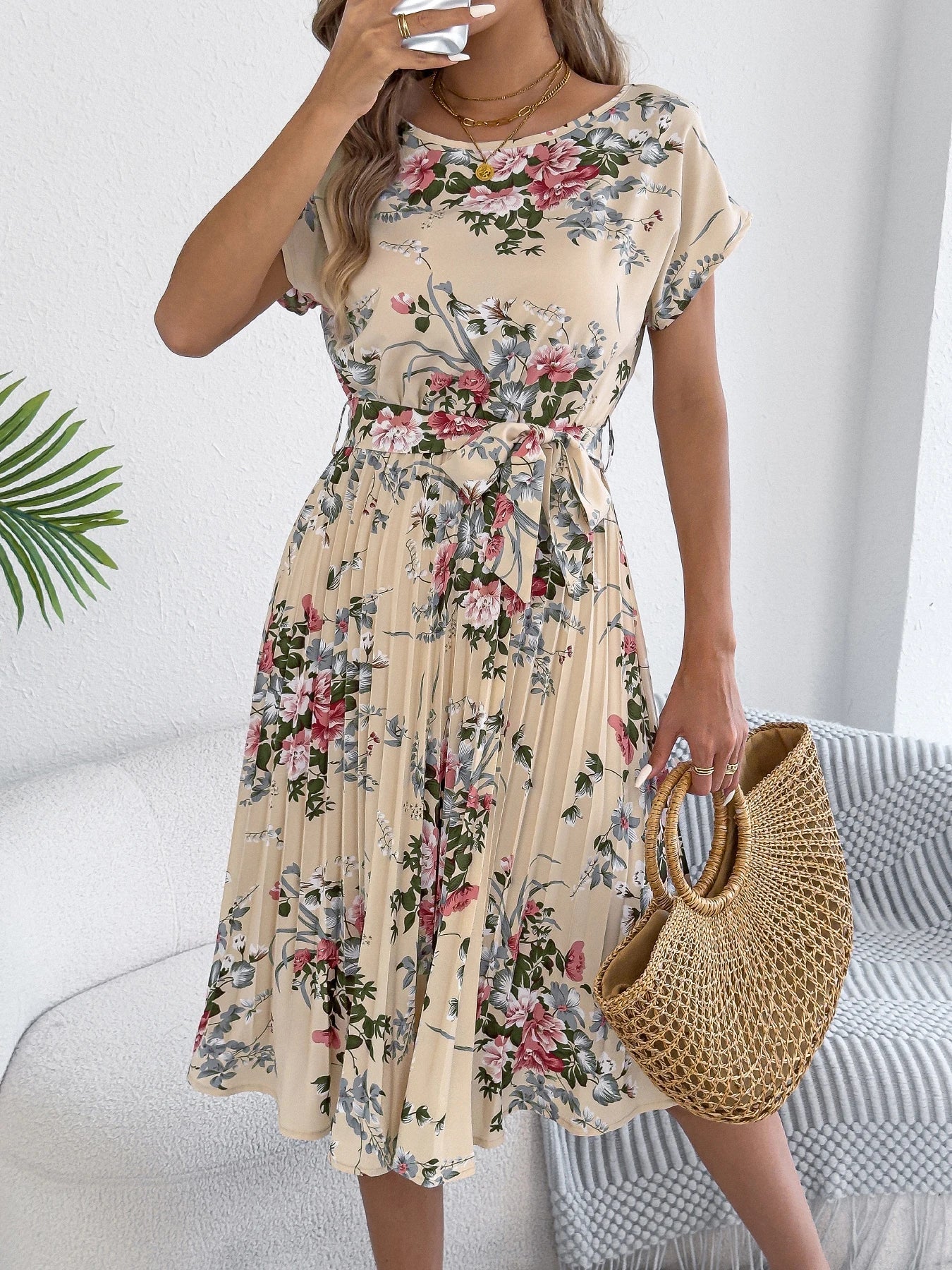 Elegant Floral Print A Line Dress with Belted Pleated Skirt Short Sleeve Women's Casual Dresses - PratSN