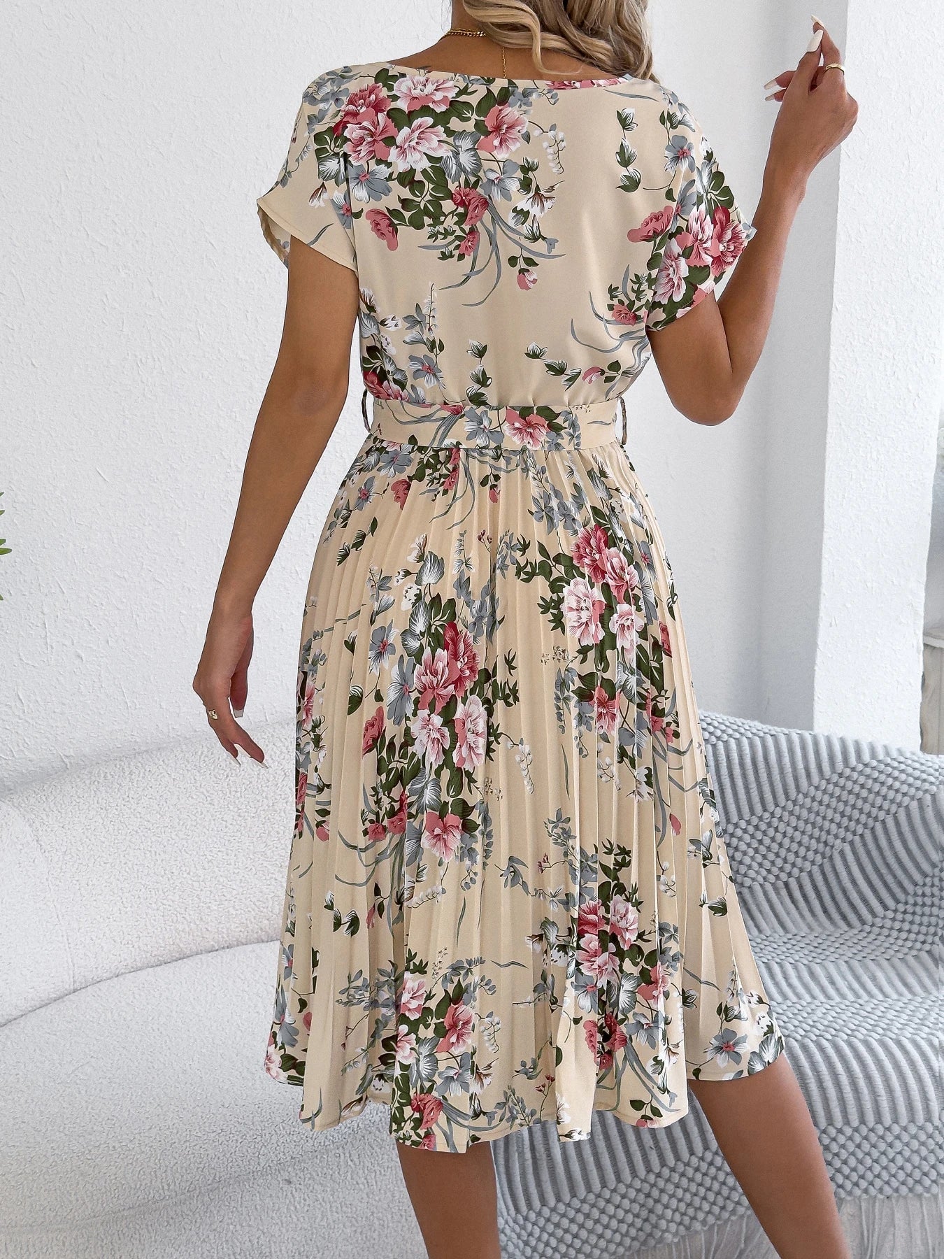 Elegant Floral Print A Line Dress with Belted Pleated Skirt Short Sleeve Women's Casual Dresses - PratSN