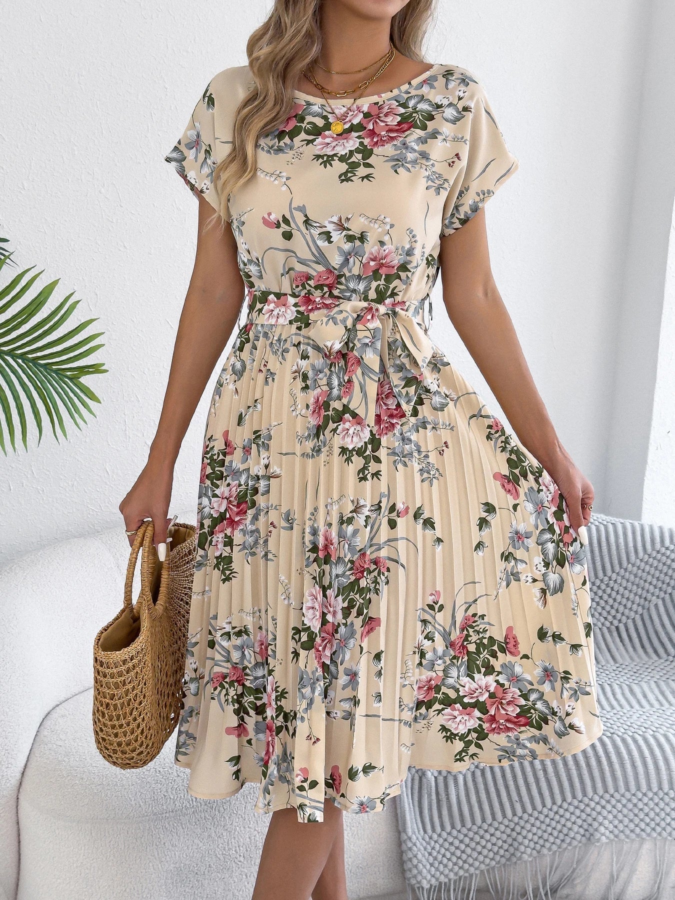 Elegant Floral Print A Line Dress with Belted Pleated Skirt Short Sleeve Women's Casual Dresses - PratSN