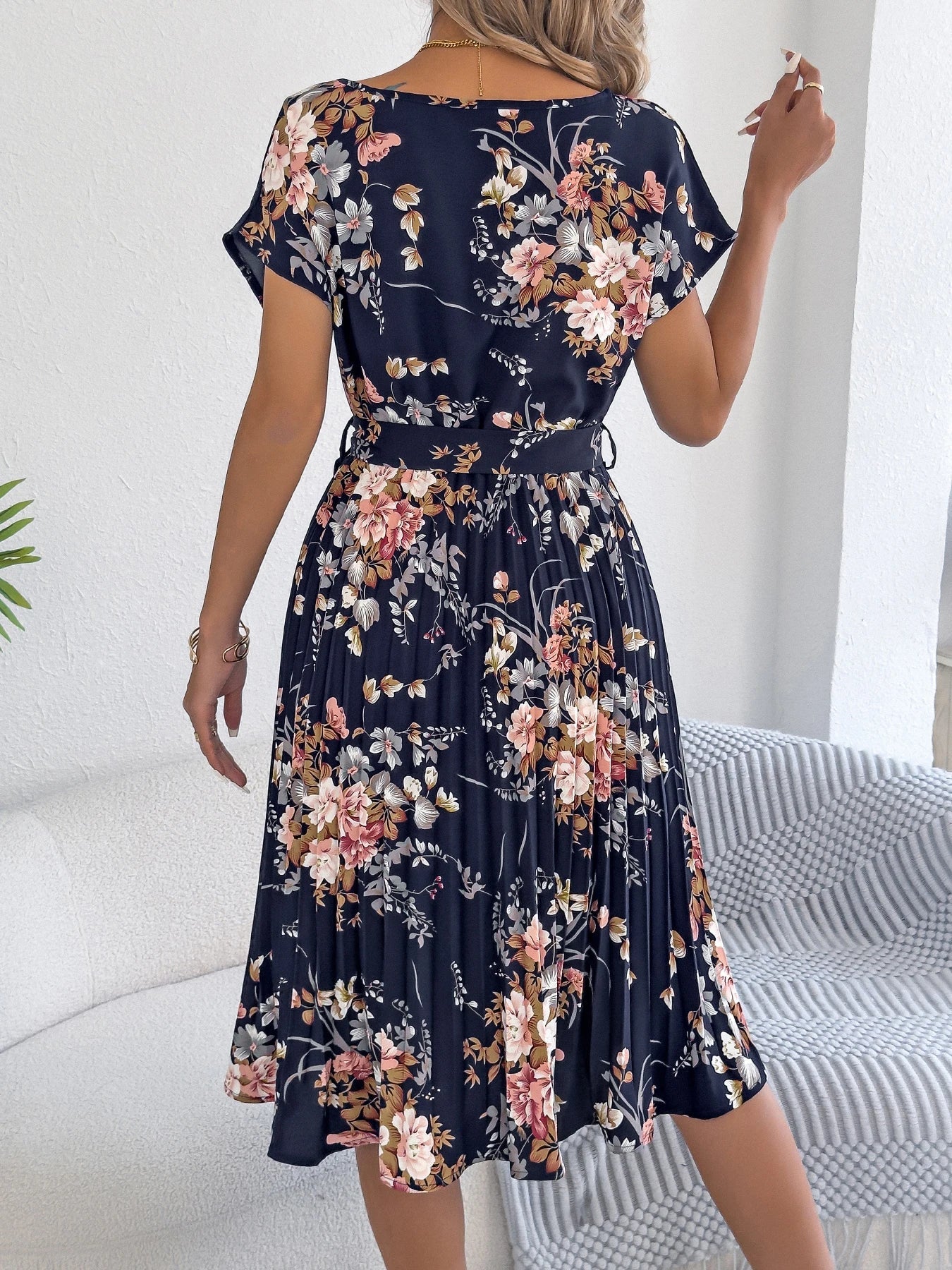 Elegant Floral Print A Line Dress with Belted Pleated Skirt Short Sleeve Women's Casual Dresses - PratSN