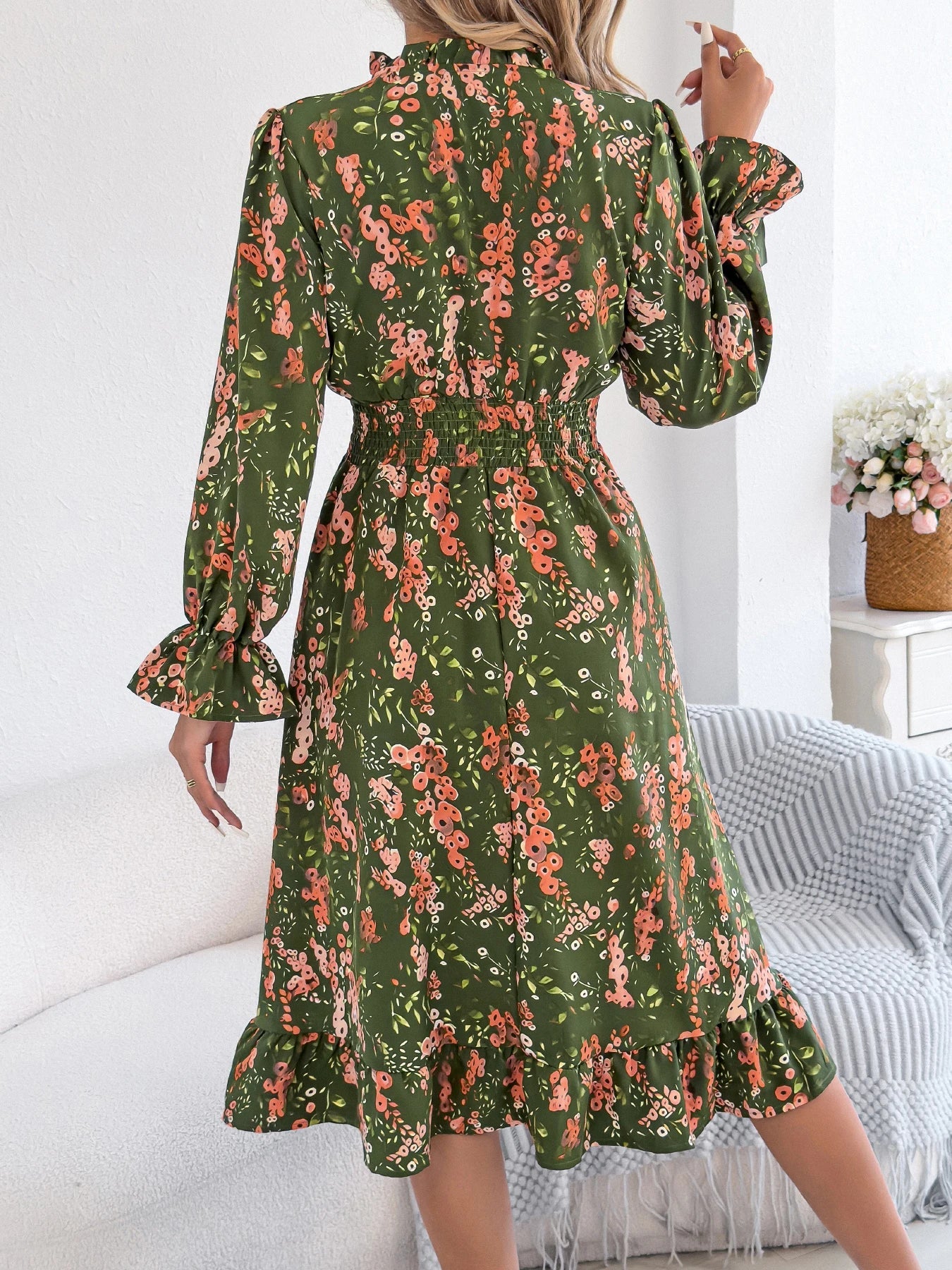 Elegant Floral Print Dresses V Neck Flare Long Sleeve Ruffled A Line Dress - PratSN