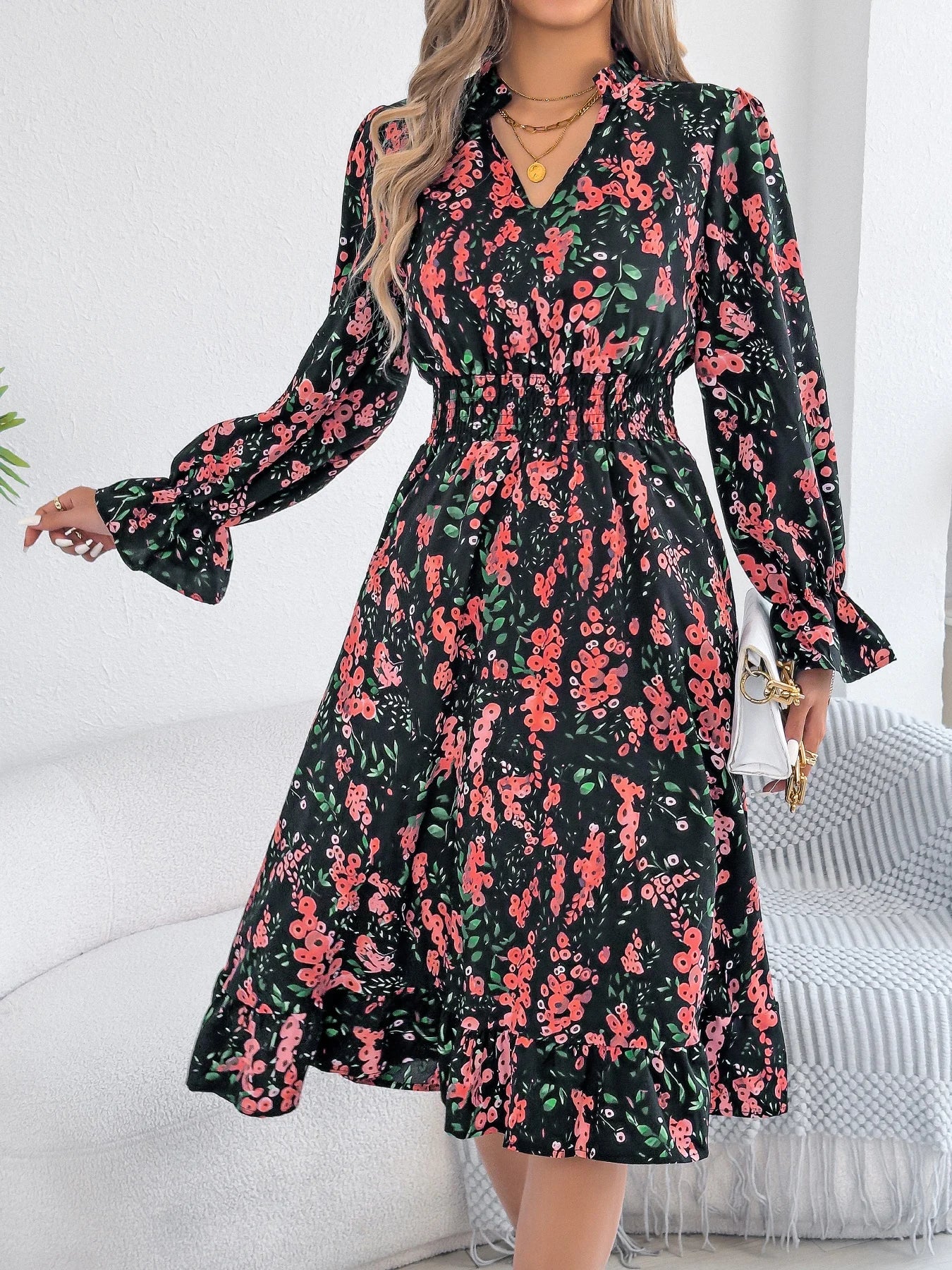 Elegant Floral Print Dresses V Neck Flare Long Sleeve Ruffled A Line Dress - PratSN