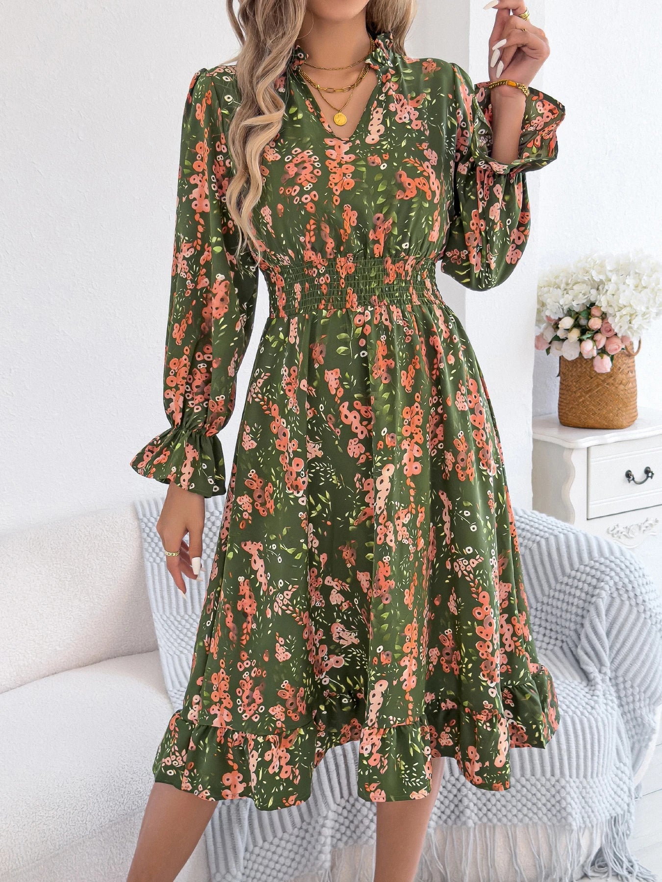 Elegant Floral Print Dresses V Neck Flare Long Sleeve Ruffled A Line Dress - PratSN