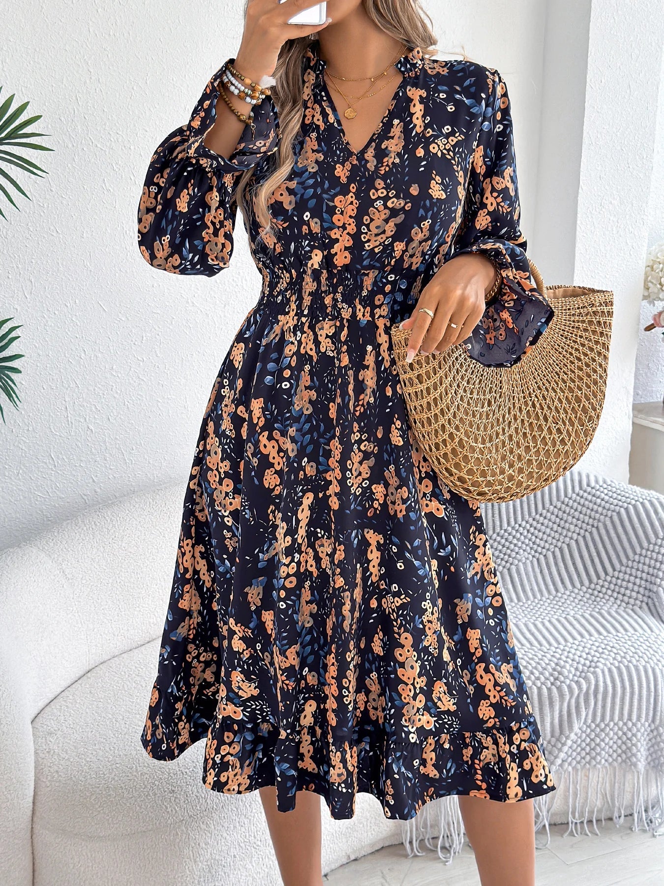 Elegant Floral Print Dresses V Neck Flare Long Sleeve Ruffled A Line Dress - PratSN