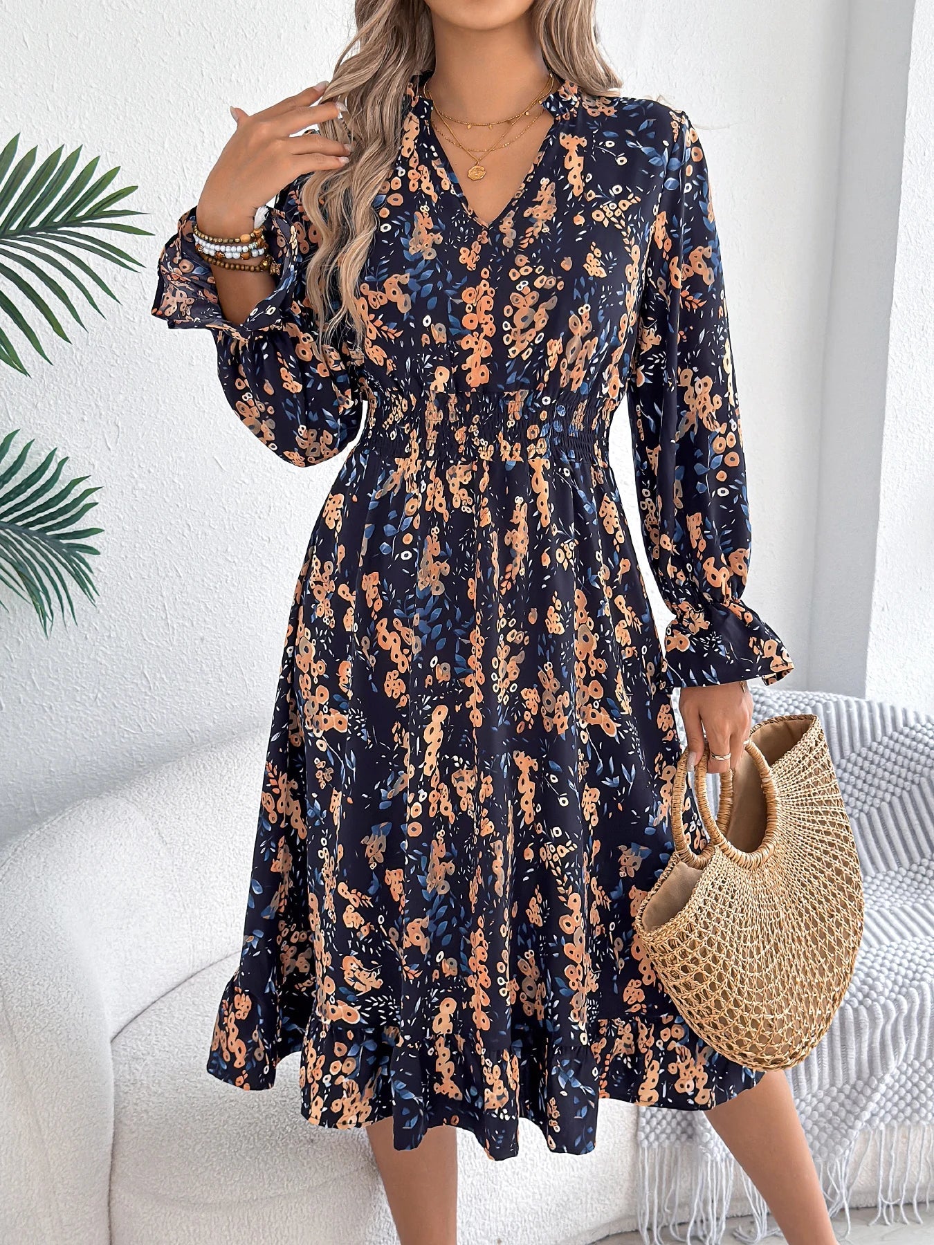 Elegant Floral Print Dresses V Neck Flare Long Sleeve Ruffled A Line Dress - PratSN