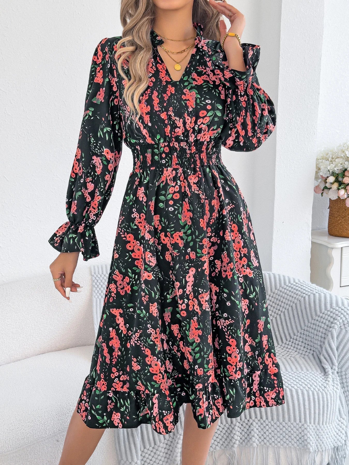 Elegant Floral Print Dresses V Neck Flare Long Sleeve Ruffled A Line Dress - PratSN