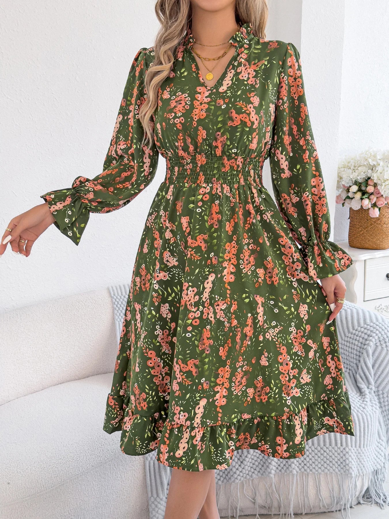 Elegant Floral Print Dresses V Neck Flare Long Sleeve Ruffled A Line Dress - PratSN